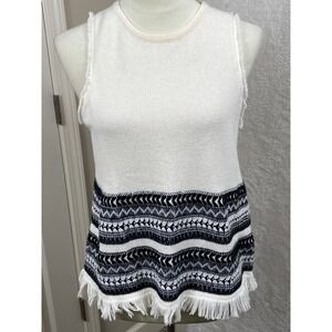 Madewell Sleeveless Sweater Top Fringe Trim Knit White Black Size M Boho‎